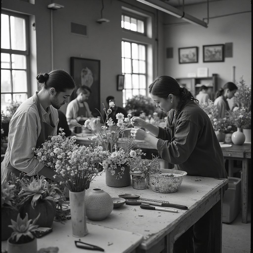 Botanical workshop with students learning arrangement